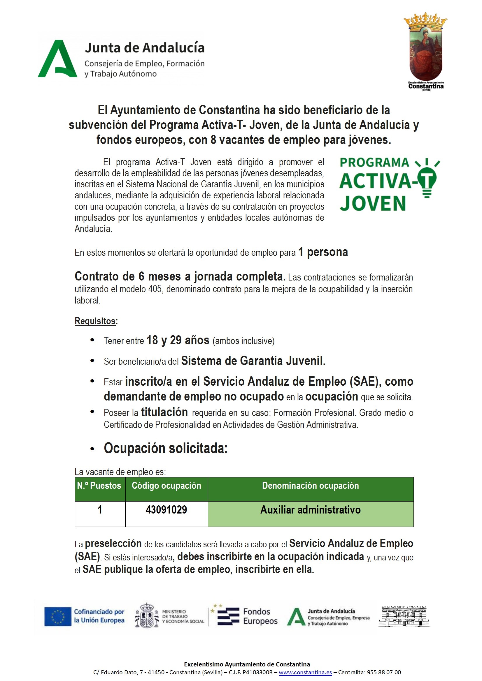 Plazas activa-T Joven auxiliar administrativo constantina conv 1
