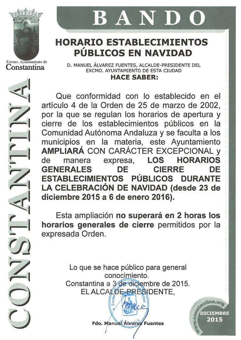 Bando Horario de establecimientos públicos en Navidad