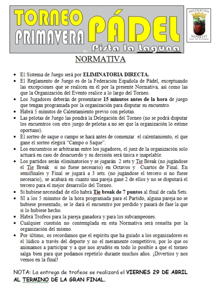 normativa torneo de padel primavera 2016