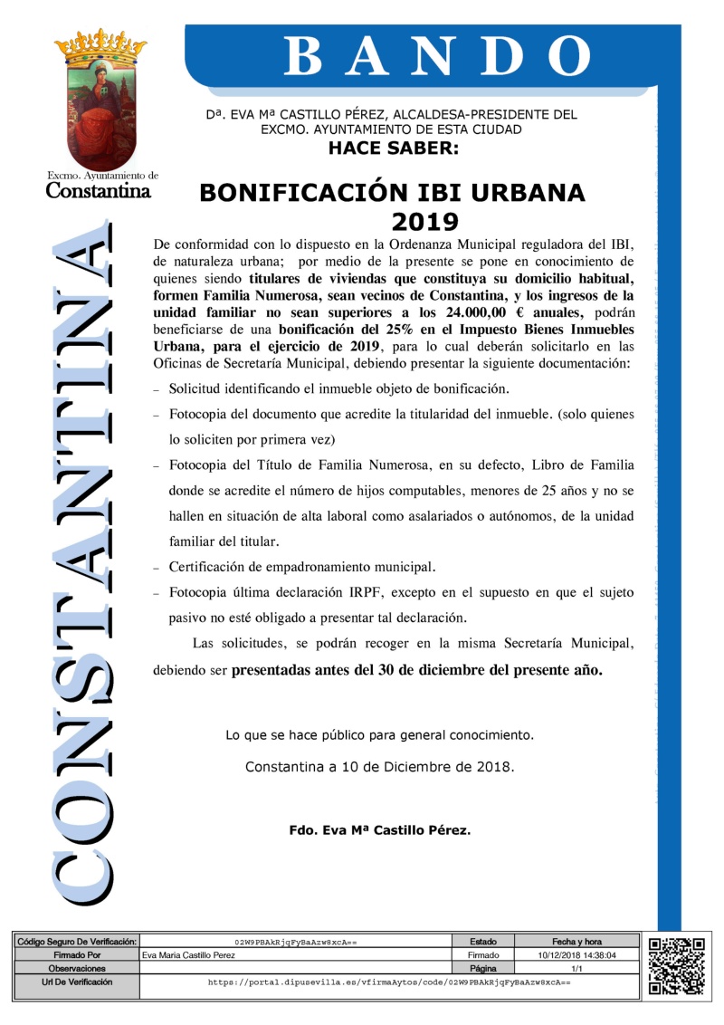 BANDO BONIFICACION IBI FAMILIA NUMEROSA Constantina 2019