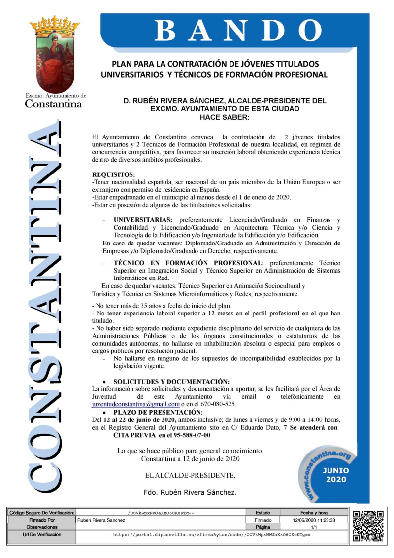 BANDO EMPLEO UNIVERSITARIOS CONSTANTINA 2020