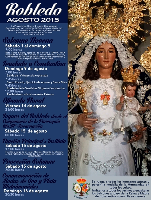 Cultos en agosto de 2015 a la Virgen del Robledo Constantina